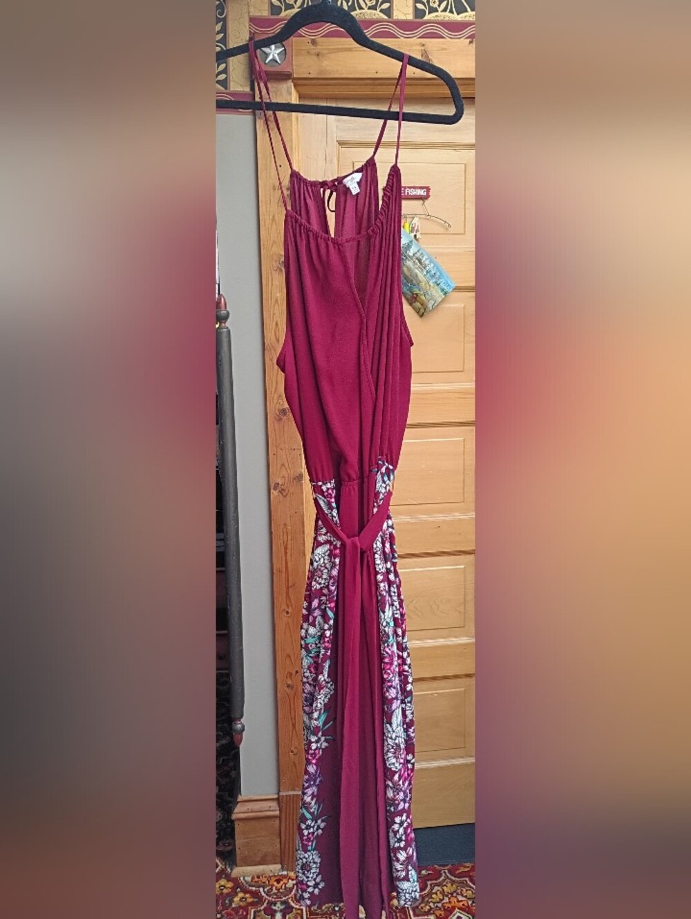 Women’s Burgundy Floral One Piece Midi Culotte with Tie Waist